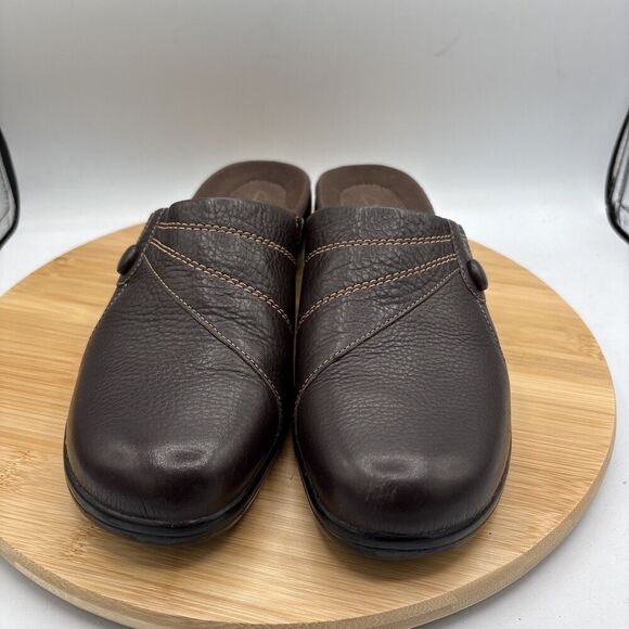 Clarks 35325 Womens size 10 Brown Leather Slip-On Mules comfort cushioned - Picture 2 of 8